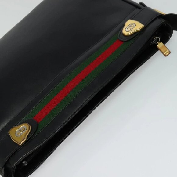 GUCCI Web Sherry Line Shoulder Bag Leather Black Gold Red Auth IN032 - Picture 5 of 16